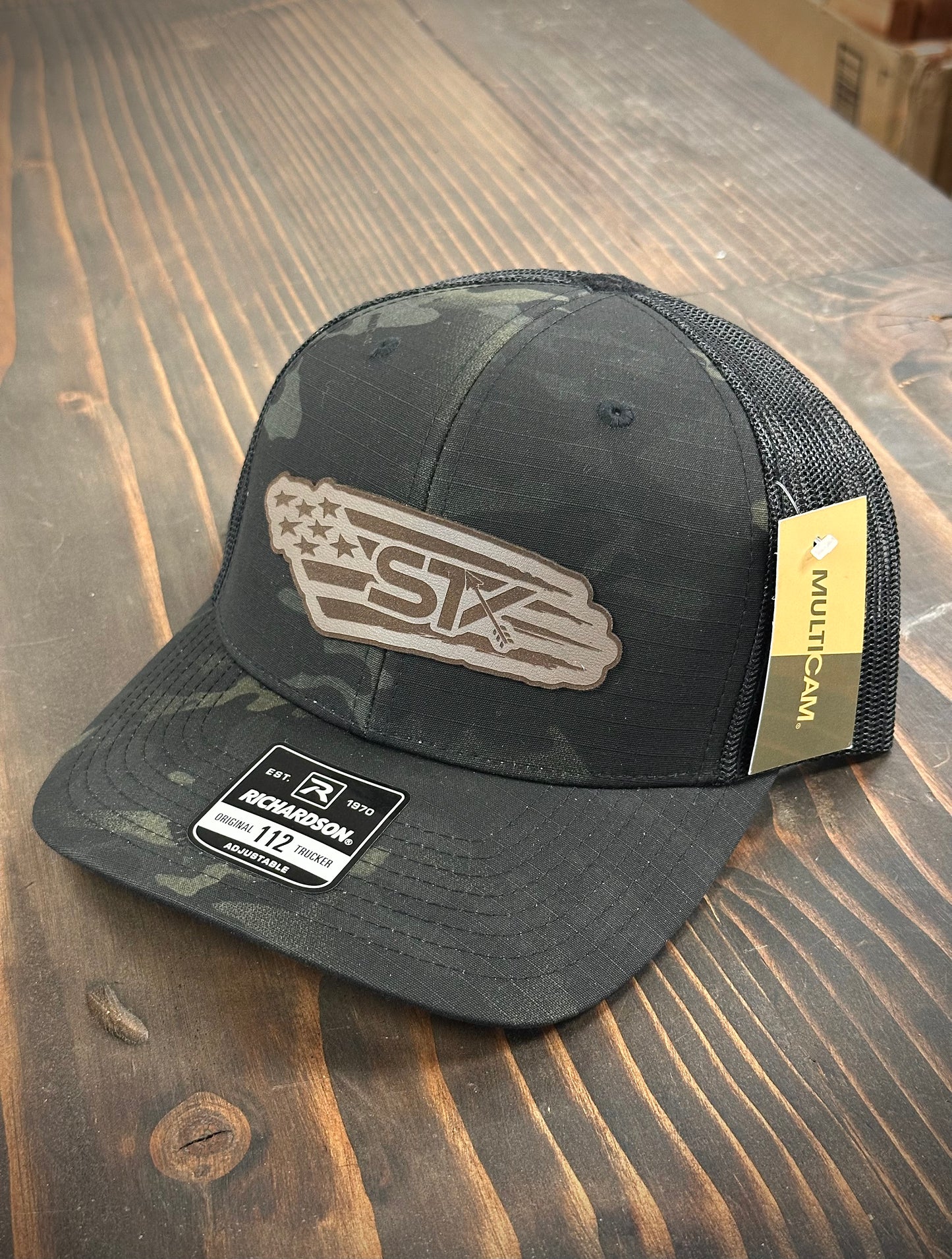 STK Black Camo Trucker Hat - Leather American Flag Patch